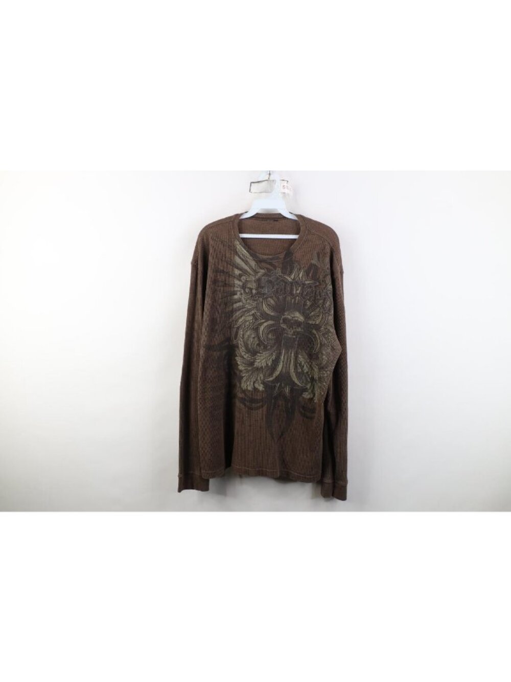 Vintage 90s Y2K Streetwear Mens XL Faded Tribal Skull Cross Thermal Knit T-Shirt